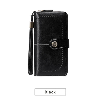 RFID Blocking Women's Trifold Long Wallet – Large Capacity Retro Leather Clutch