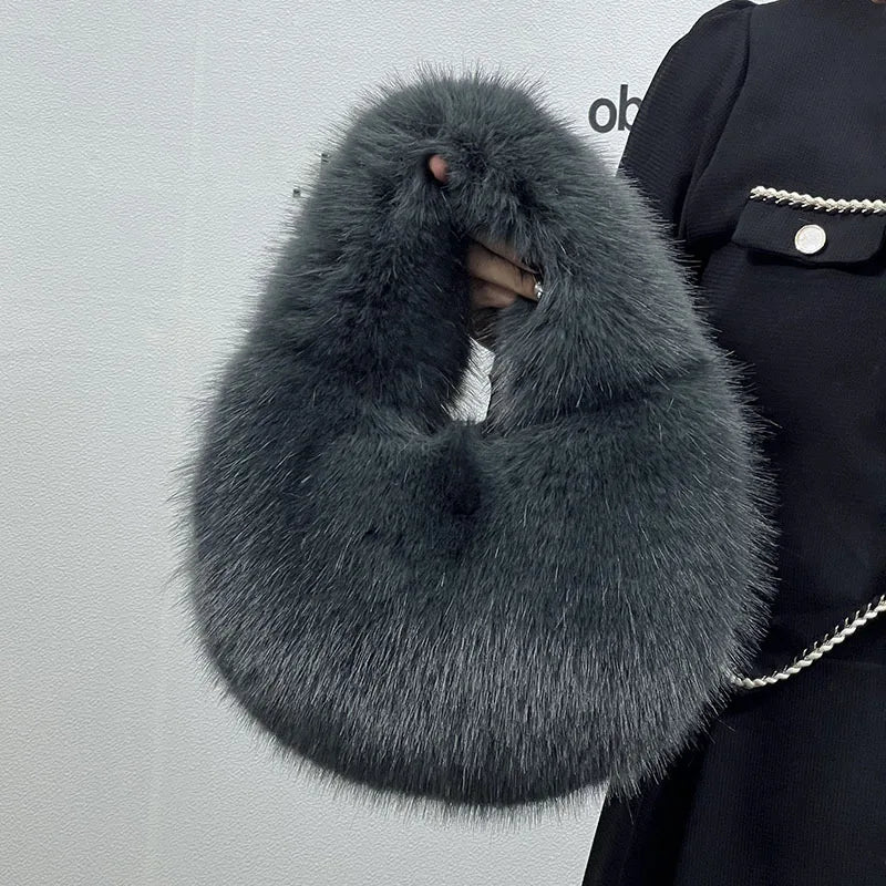 Fluffy Faux Fur Half Moon Bag – Women's Luxury Small Tote