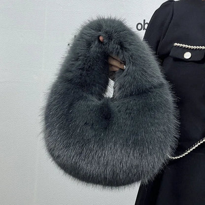 Fluffy Faux Fur Half Moon Bag – Women's Luxury Small Tote