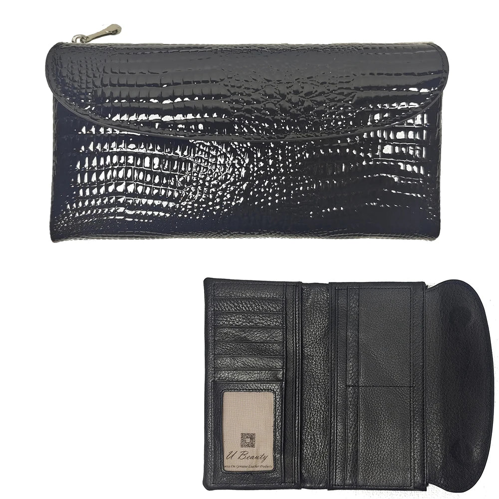 Patent Leather Long Wallet Women Crocodile Pattern Clutch Purse