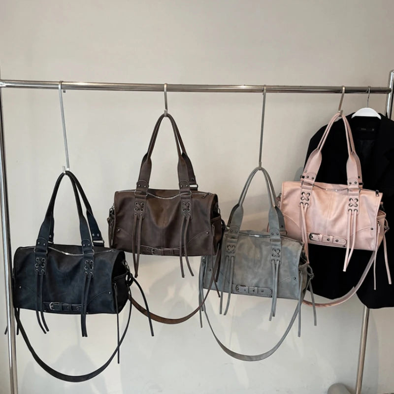 Retro Motorcycle Shoulder Bag for Women – Tassel Tote