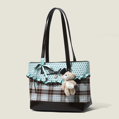 Mint Green Patchwork Bow Handbag – Plaid Canvas Tote Bag