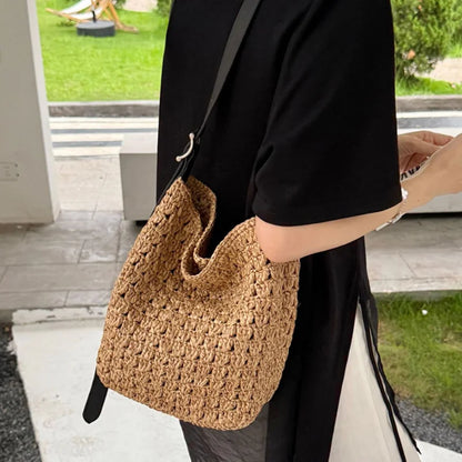Raffia Woven Shoulder Bag – Women's Large Capacity Bucket Bag