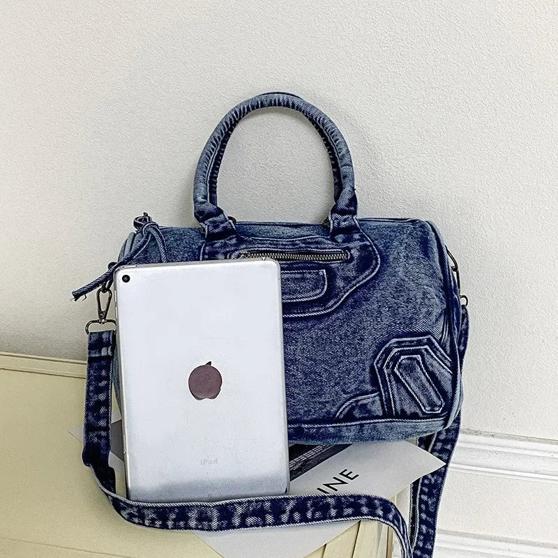 Retro Washed Denim Tote Bag – Women's Designer City Shoulder Bag