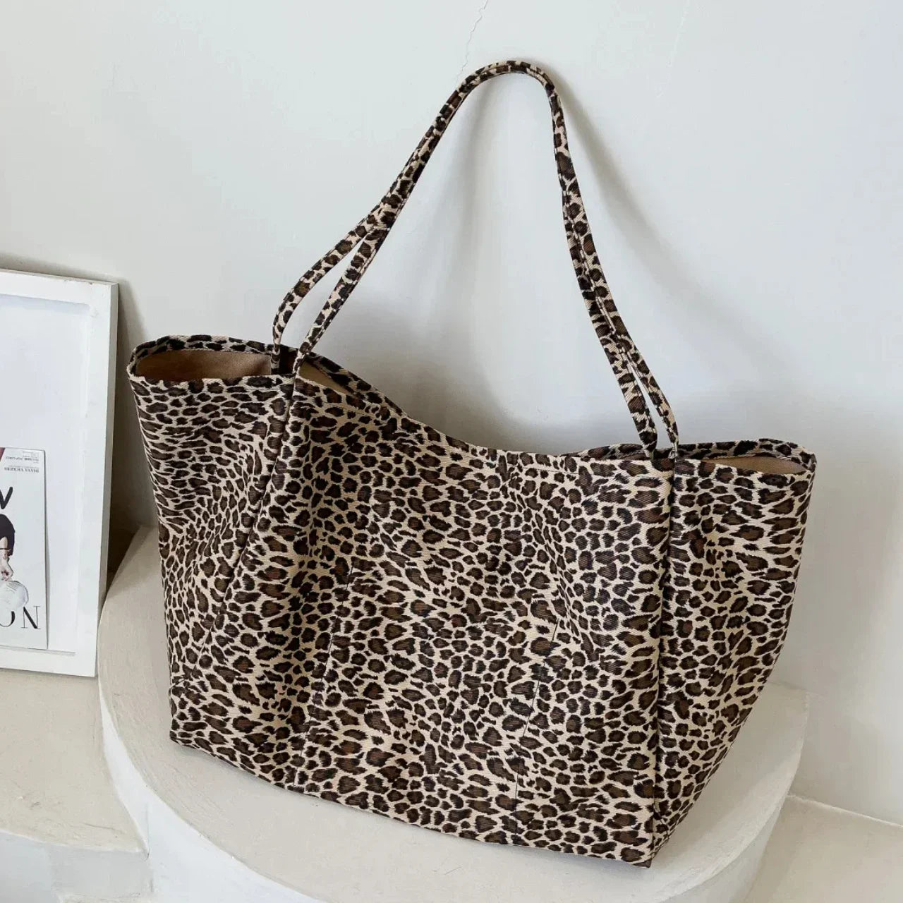 Leopard Print Canvas Tote Bag – Large Shoulder Handbag for Women