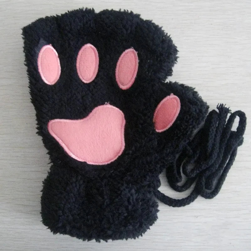 Winter Gloves Women Bear Plush Cat Paw Claw Cute Kitten Fingerless Mittens Christmas Halloween Girls