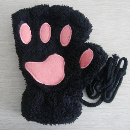 Winter Gloves Women Bear Plush Cat Paw Claw Cute Kitten Fingerless Mittens Christmas Halloween Girls