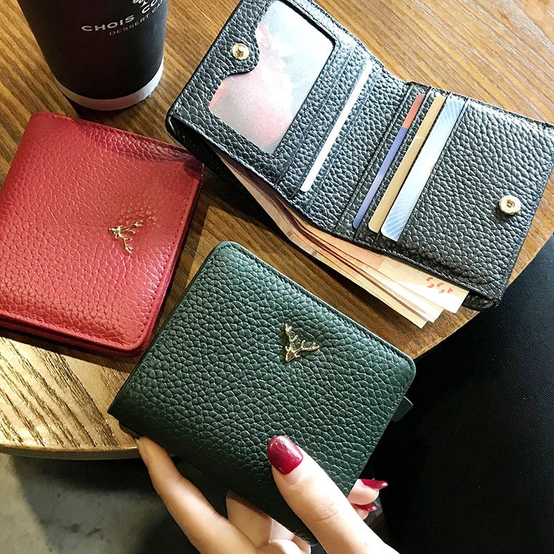 Women's Genuine Leather Small Wallet – Deer Button Bifold Purse