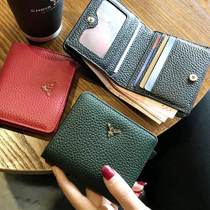 Women's Genuine Leather Small Wallet – Deer Button Bifold Purse