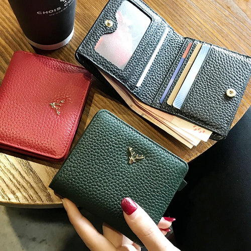 Women's Genuine Leather Small Wallet – Deer Button Bifold Purse