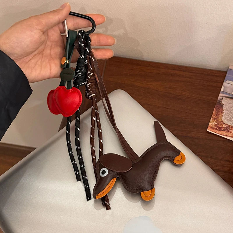 Cute Leather Dachshund Bag Charm Keychain with Cherry & Tassel