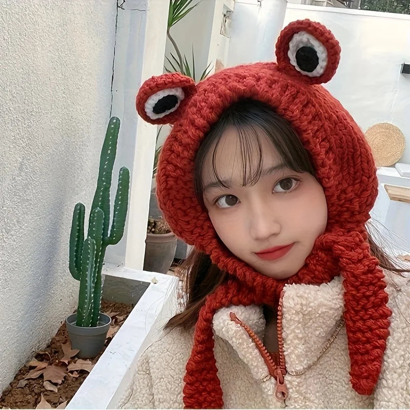 Frog Beanie Hat – Cute Knit Winter Cap with 3D Eyes & Ear Flaps