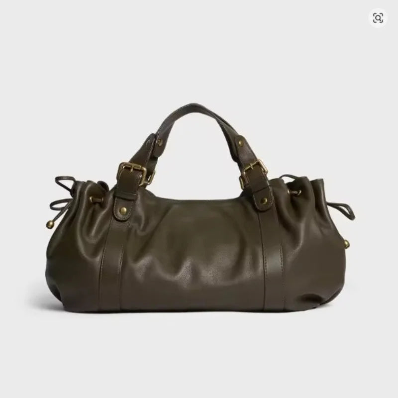 Vintage Large Ruched Drawstring Soft Leather Tote Bag Women S Crossbody Simple Handbag Commuter