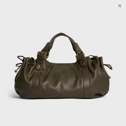 Vintage Large Ruched Drawstring Soft Leather Tote Bag Women S Crossbody Simple Handbag Commuter