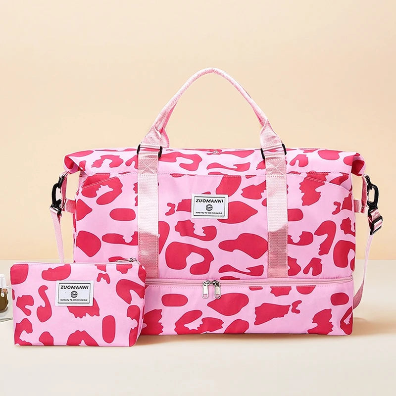 Leopard Print Duffle Bag Set – Travel Bag with Cosmetic Pouch