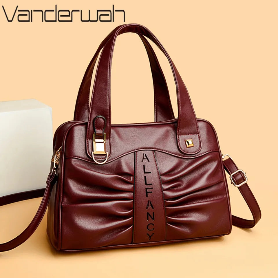 Ruched Vegan Leather Handbag with Top Handle & Crossbody Strap