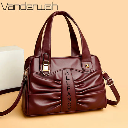 Ruched Vegan Leather Handbag with Top Handle & Crossbody Strap