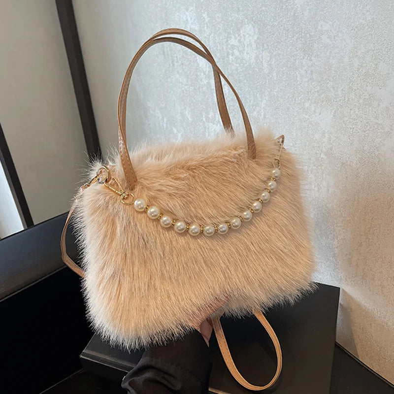 Fluffy Plush Crossbody Bag with Pearl Chain Handle