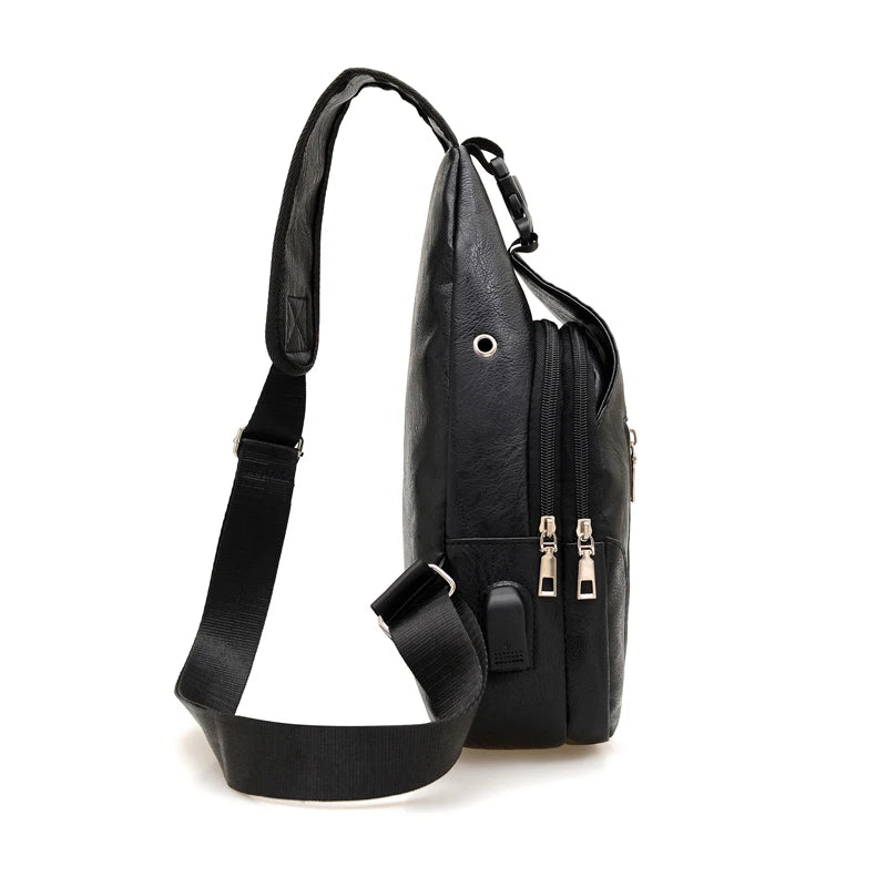 Men's PU Leather Chest Bag with USB Charging Port