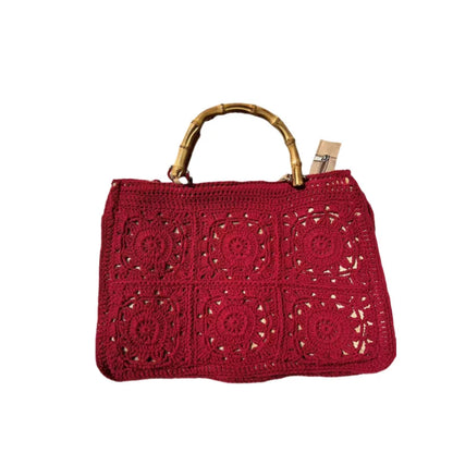 Vintage Bamboon Handle Women Handbags Crochet Large Capacity Tote Bag Handmade Woven Hollow Beach