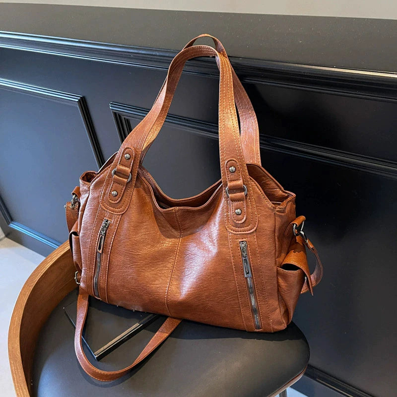 Women's PU Leather Shoulder Bag with Dual Zipper Pockets