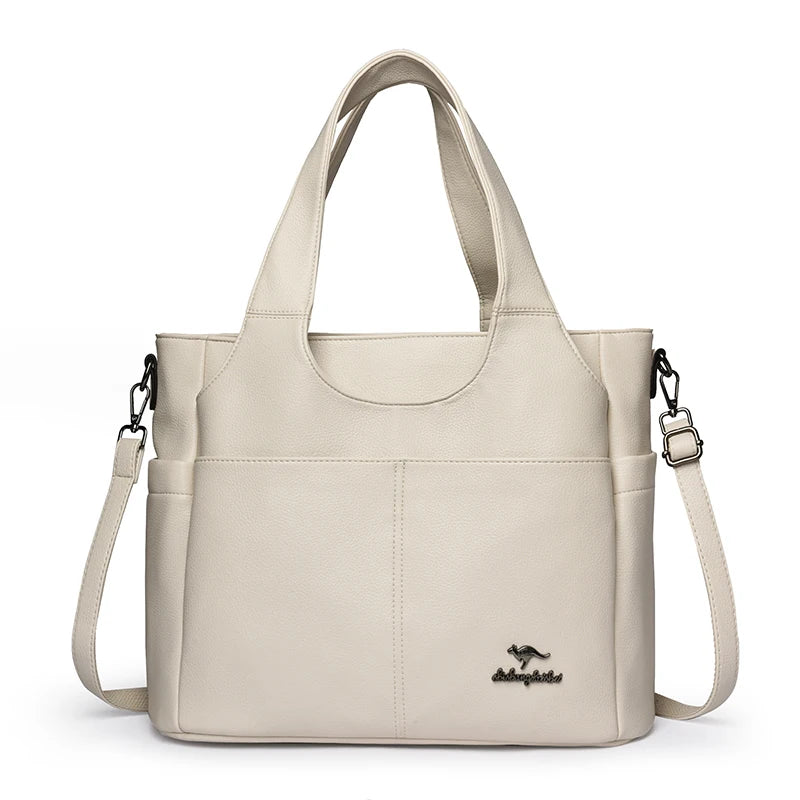 Large Leather Tote Bag – 3 Compartments, Dual Pockets, Shoulder & Crossbody