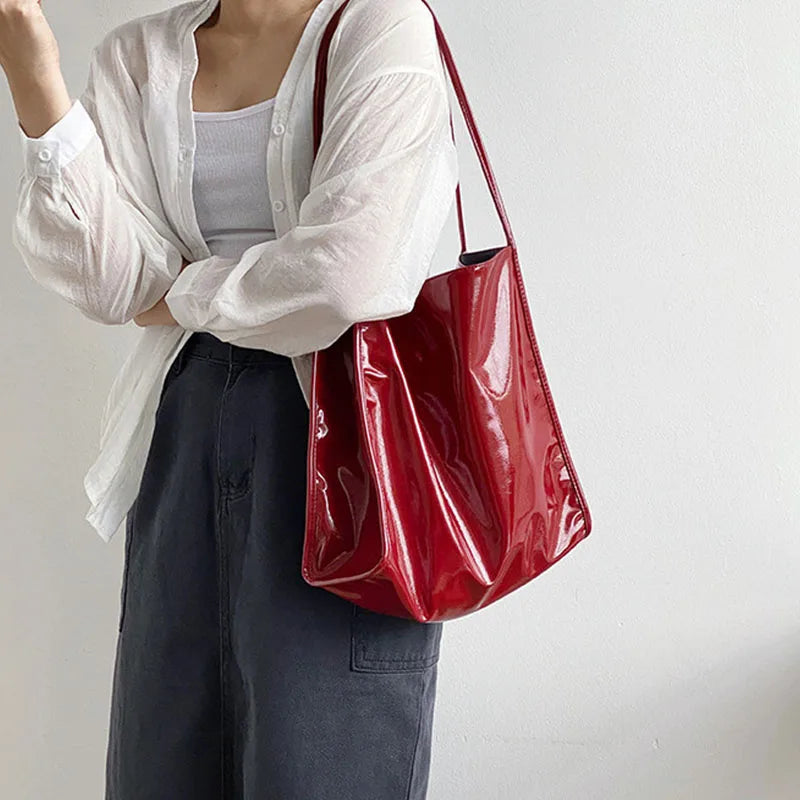 Large Capacity Shoulder Tote Bag for Women – Patent Leather Handbag
