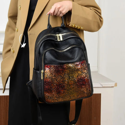 Floral Embossed Leather Backpack for Women – Large Capacity