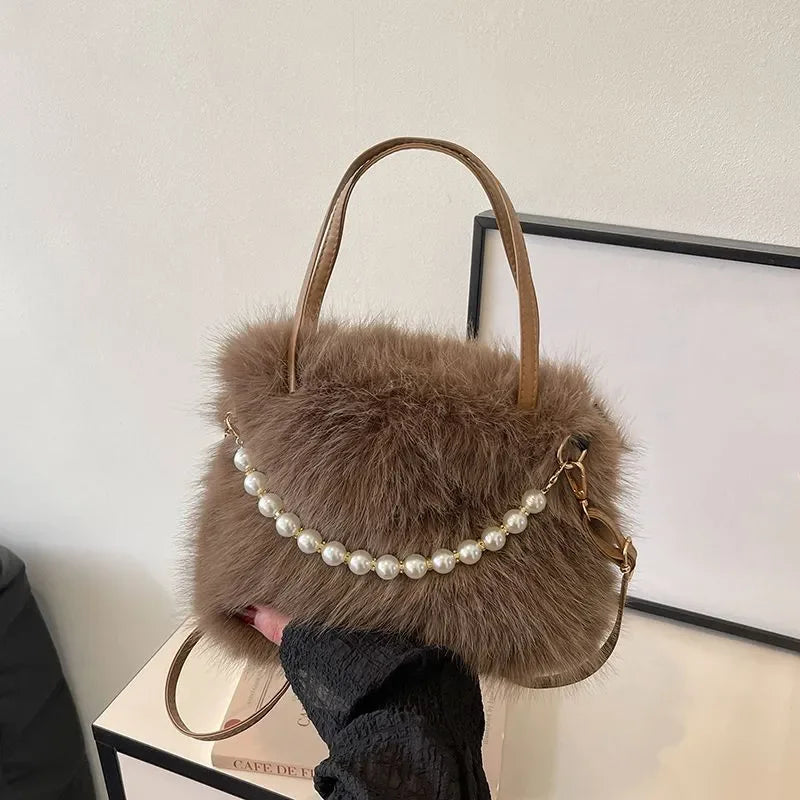 Faux Fur Plush Crossbody Bag – Korean Style Pearl Chain Handbag