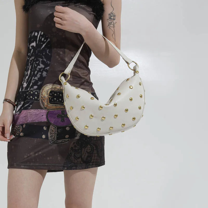 Gold Studded Hobo Bag Women – Punk PU Leather Shoulder Bag