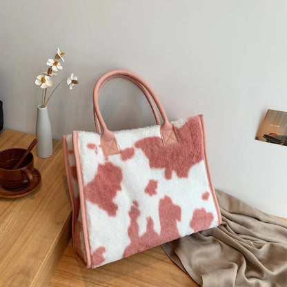 Faux Fur Leopard Print Tote Bag for Women – Soft Shopper Handbag