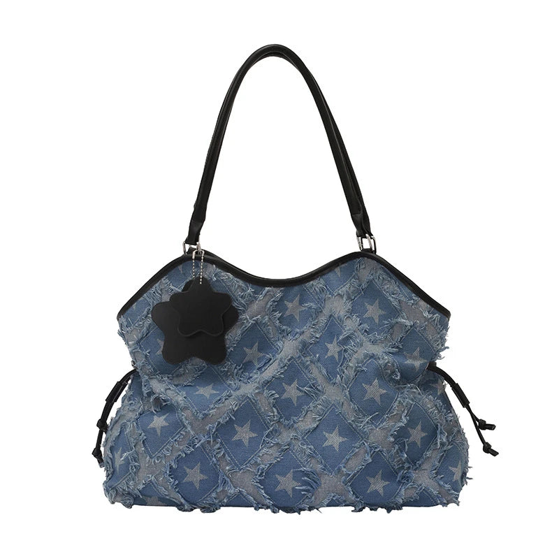 Women's Denim Star Print Hobo Shoulder Bag