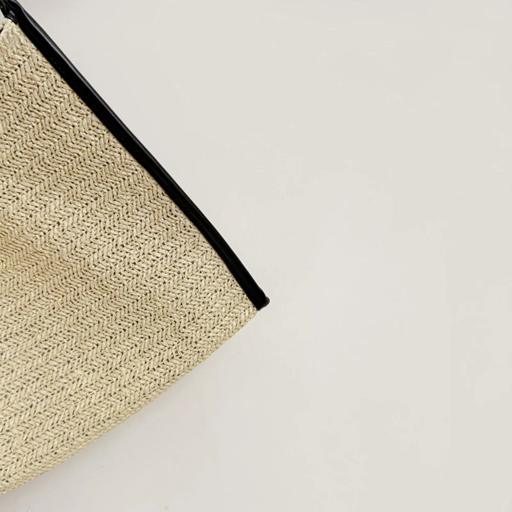 Straw Tote Bag – Large Capacity Woven Shoulder Handbag with Leather Trim
