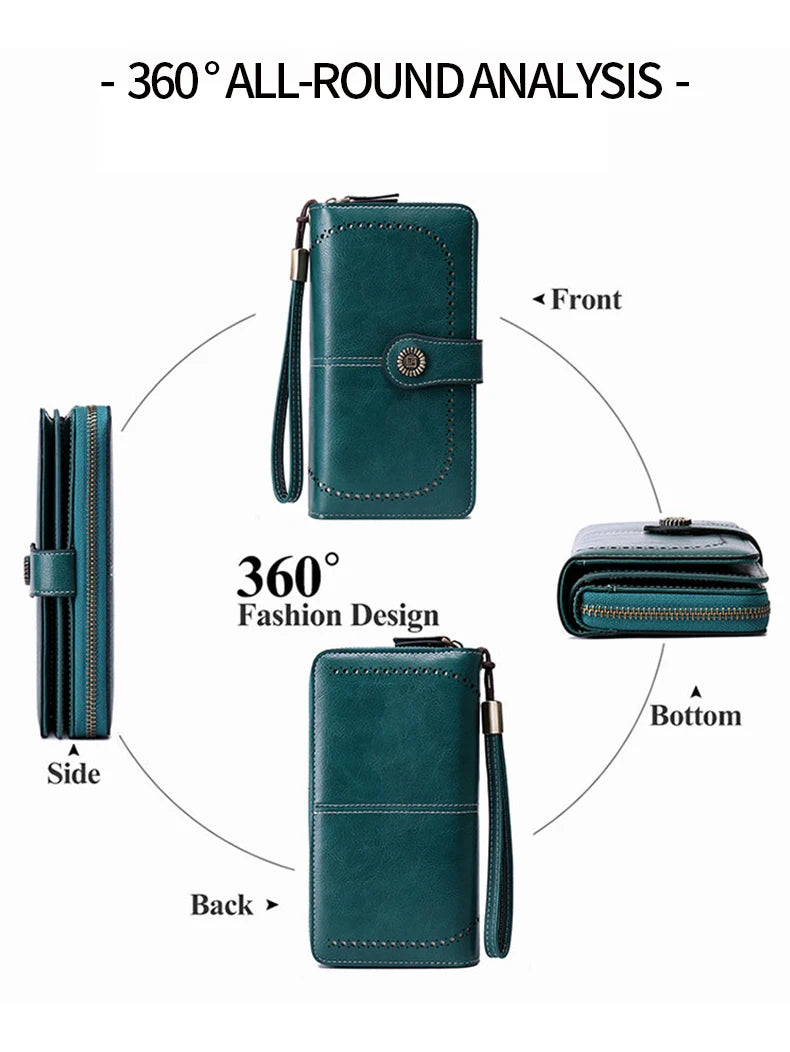 RFID Blocking Women's Trifold Long Wallet – Large Capacity Retro Leather Clutch