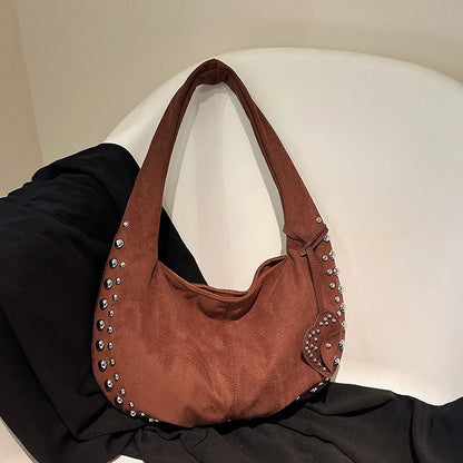 Rivet Studded Hobo Shoulder Bag – Women's Half Moon Tote