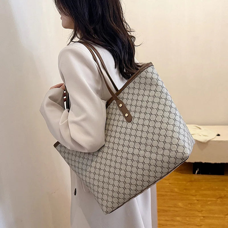 Large Capacity Tote Bag for Women – Monogram PU Leather Shoulder Bag