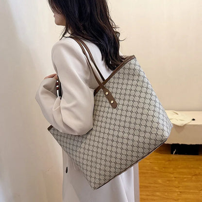 Large Capacity Tote Bag for Women – Monogram PU Leather Shoulder Bag
