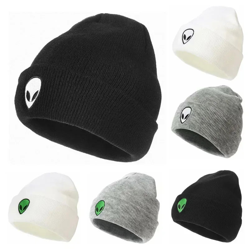 Knitted Beanie Hat with Alien Ghost Skull Embroidery