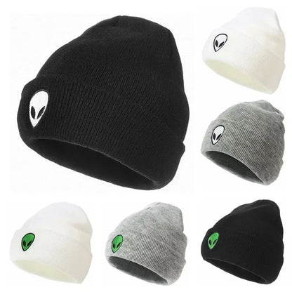 Knitted Beanie Hat with Alien Ghost Skull Embroidery