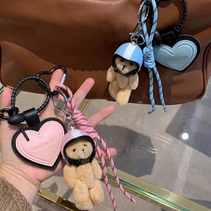 Bear Keychain – Cute Plush Helmet Bear Bag Charm with Heart