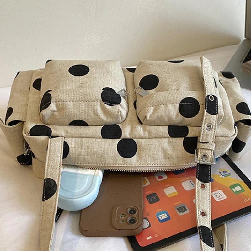 Polka Dot Canvas Shoulder Bag – Multi-Pocket Large Capacity Boston Handbag