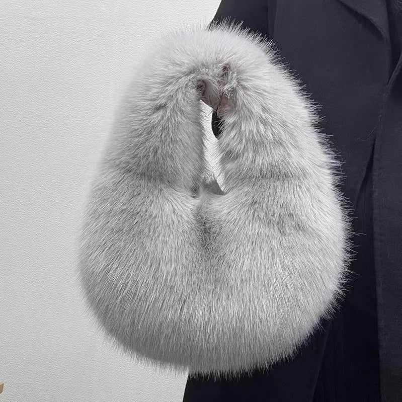 Faux Fur Half Moon Bag for Women – Fluffy Mini Tote Handbag