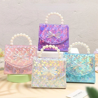 Cute Mini Girls Crossbody Bag – Glitter Bow Purse with Pearl Handle