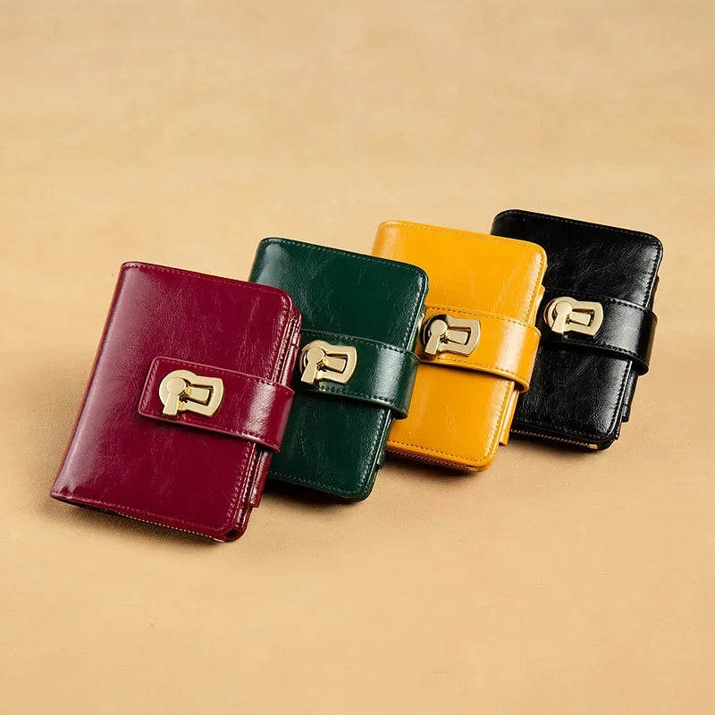 Genuine Leather Women's Wallet – Metal Lock Clasp, Card Holder & Coin Purse