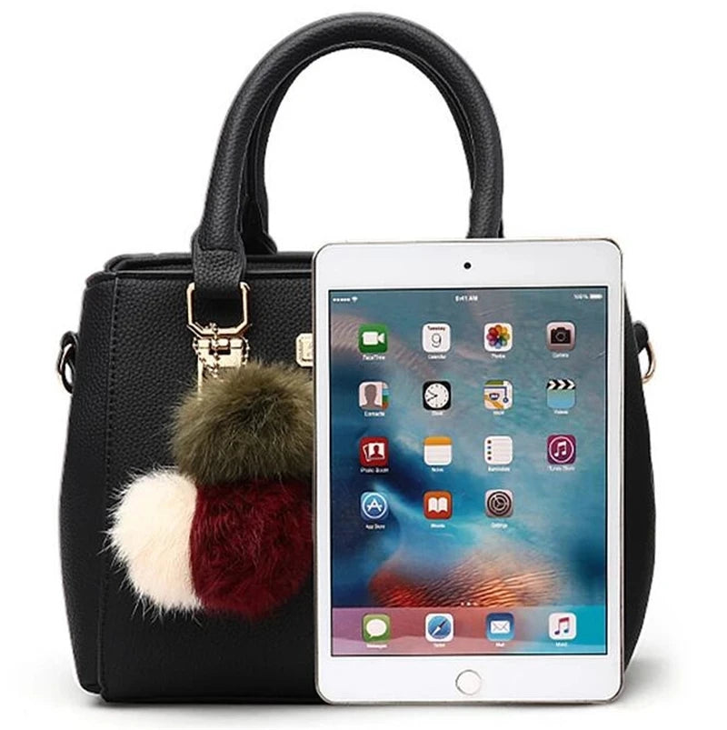 PU Leather Handbag for Women – Crossbody Bag with Fur Ball Charm