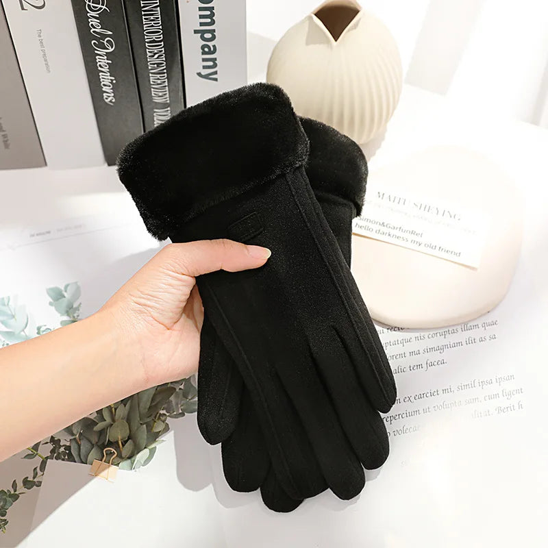 Women's Fuzzy Trim Winter Gloves – Touchscreen Warm Mittens