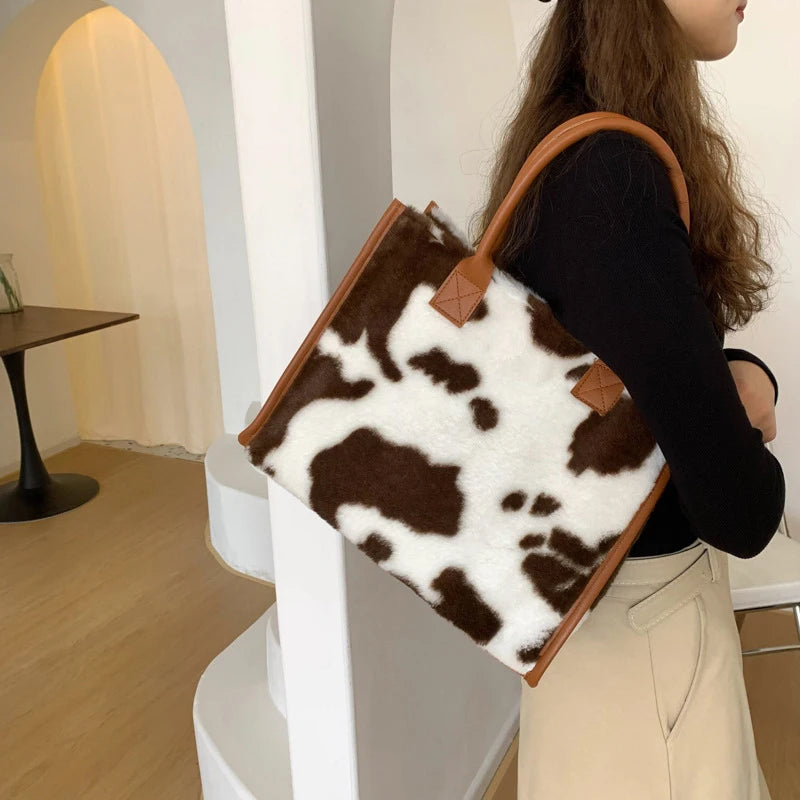 Faux Fur Leopard Print Tote Bag for Women – Soft Shopper Handbag
