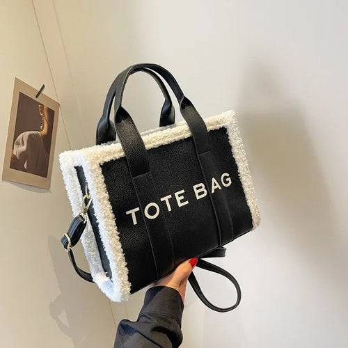Tote Bag – Women's Quilted Letter Print Crossbody with Plush Edge