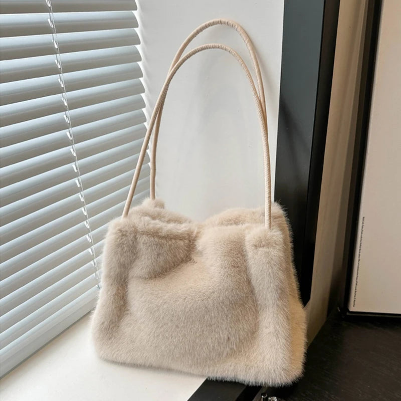 Fluffy Plush Shoulder Tote Bag – Soft Faux Fur Top-Handle Handbag