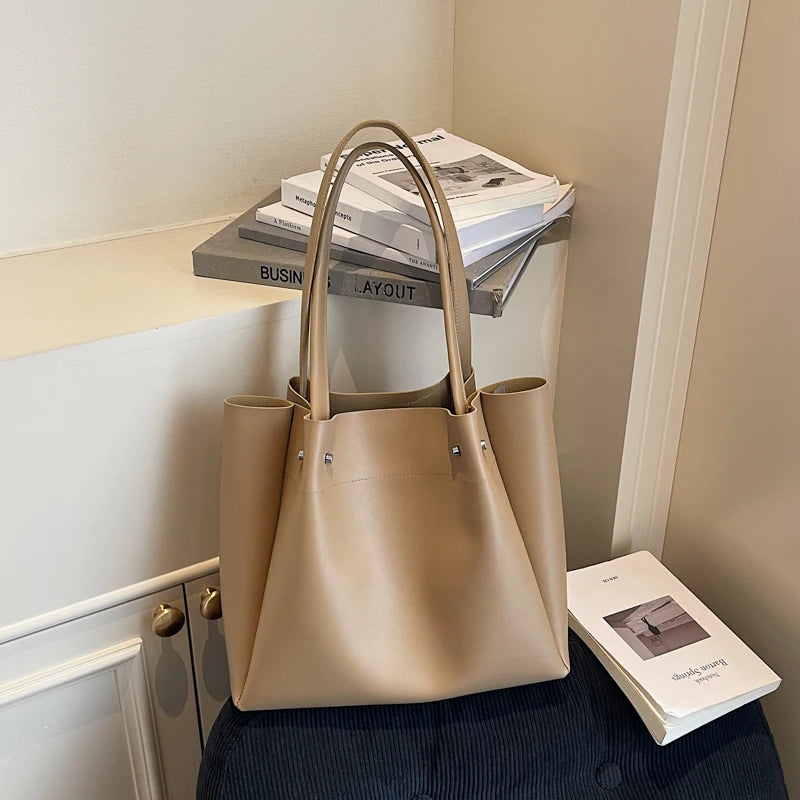Moods Soft Pu Leather Pure Color Tote Bags Women Casual Street Large Capacity Shopper Shoulder